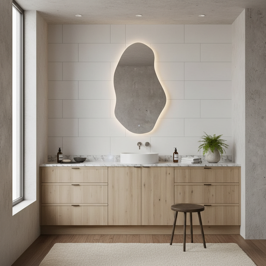Asimetrik LED Banyo Aynası – Modern Dekoratif Işıklı Ayna, Organik Tasarım Arkadan Aydınlatmalı Ayna