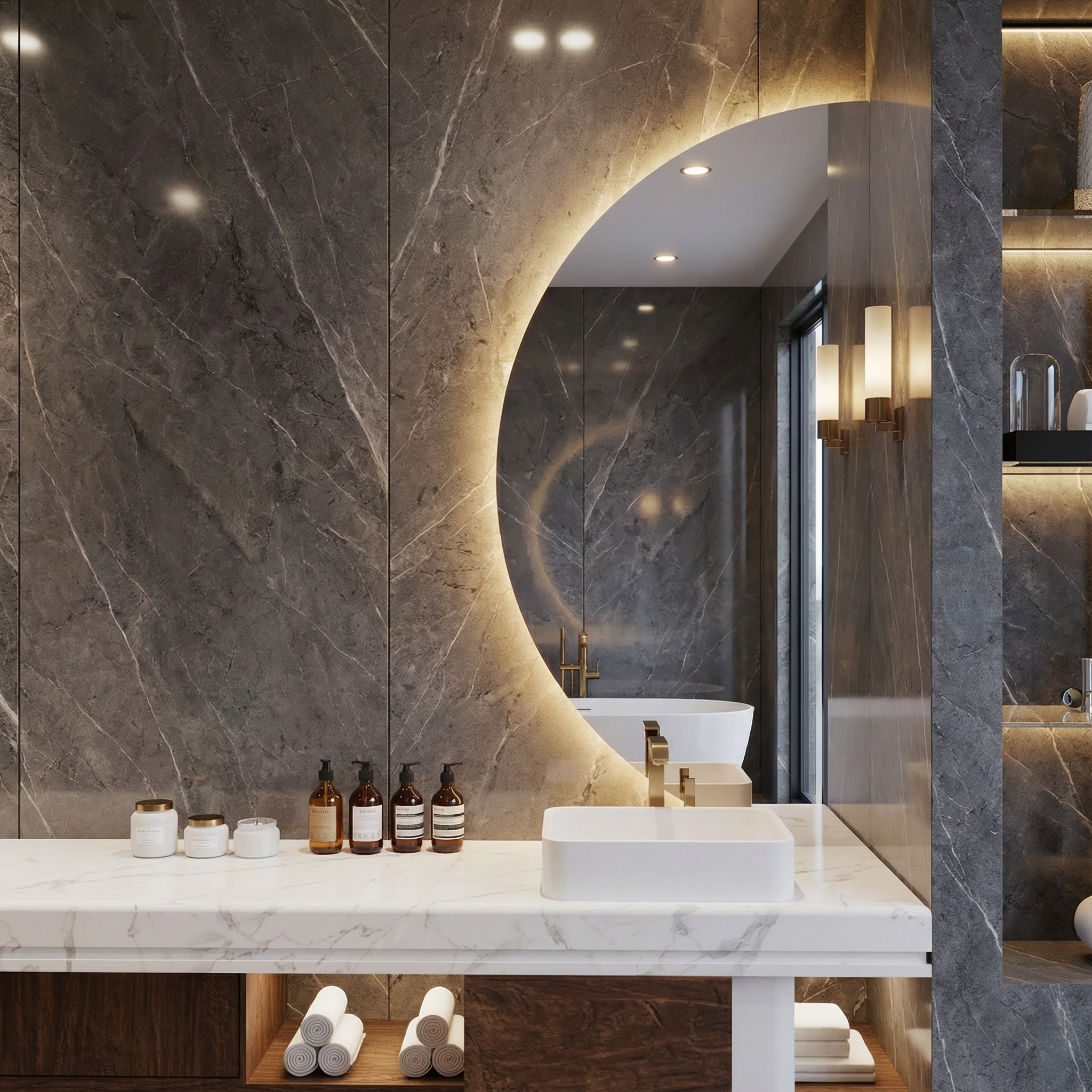 Yarım Ay LED Banyo Aynası – Modern Arkadan Aydınlatmalı Ayna, Dekoratif Minimal Tasarım Aydınlatmalı Ayna