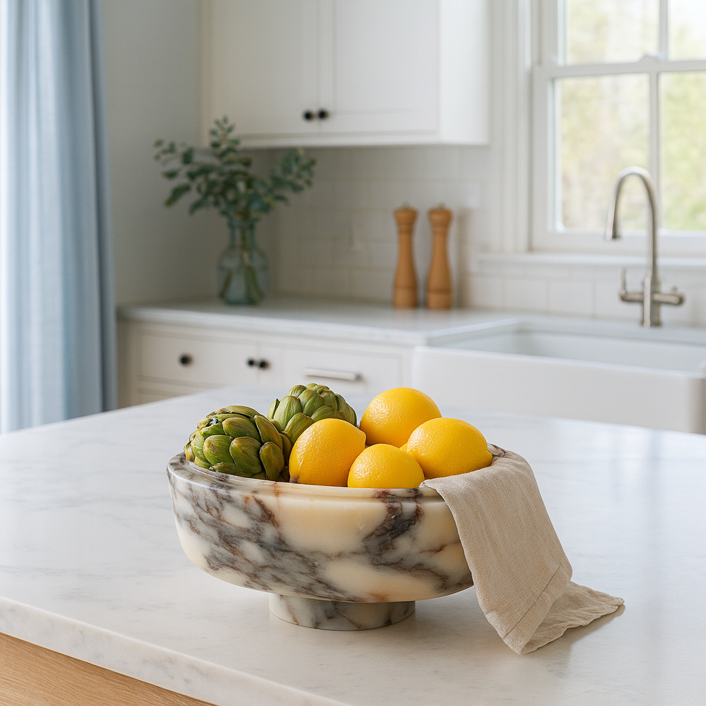 Premium Mermer Meyve Kasesi – Dekoratif Taş Sunum Standı