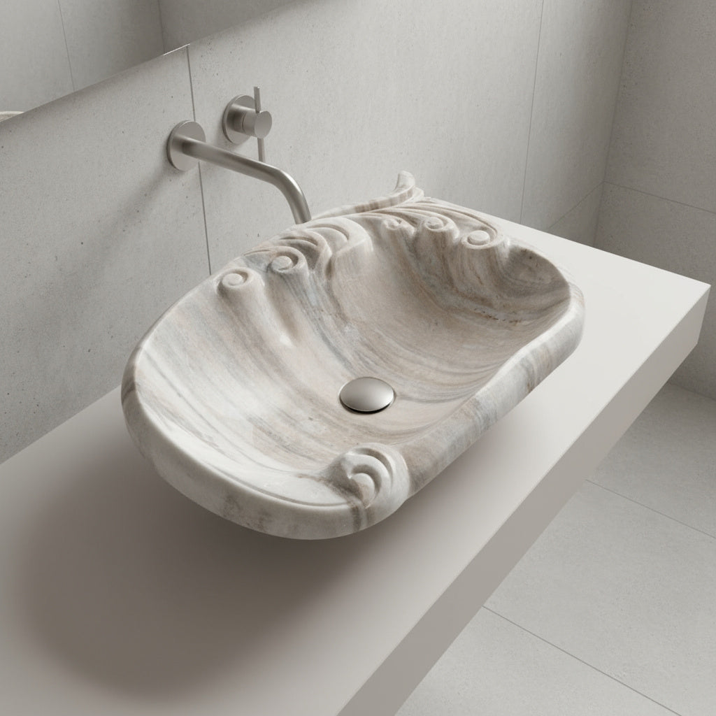 Silver Wave Marble Lavabo – Doğal Silver Wave Mermer Tezgâh Üstü Banyo Lavabosu (L 55 × W 55 × H 15 cm)