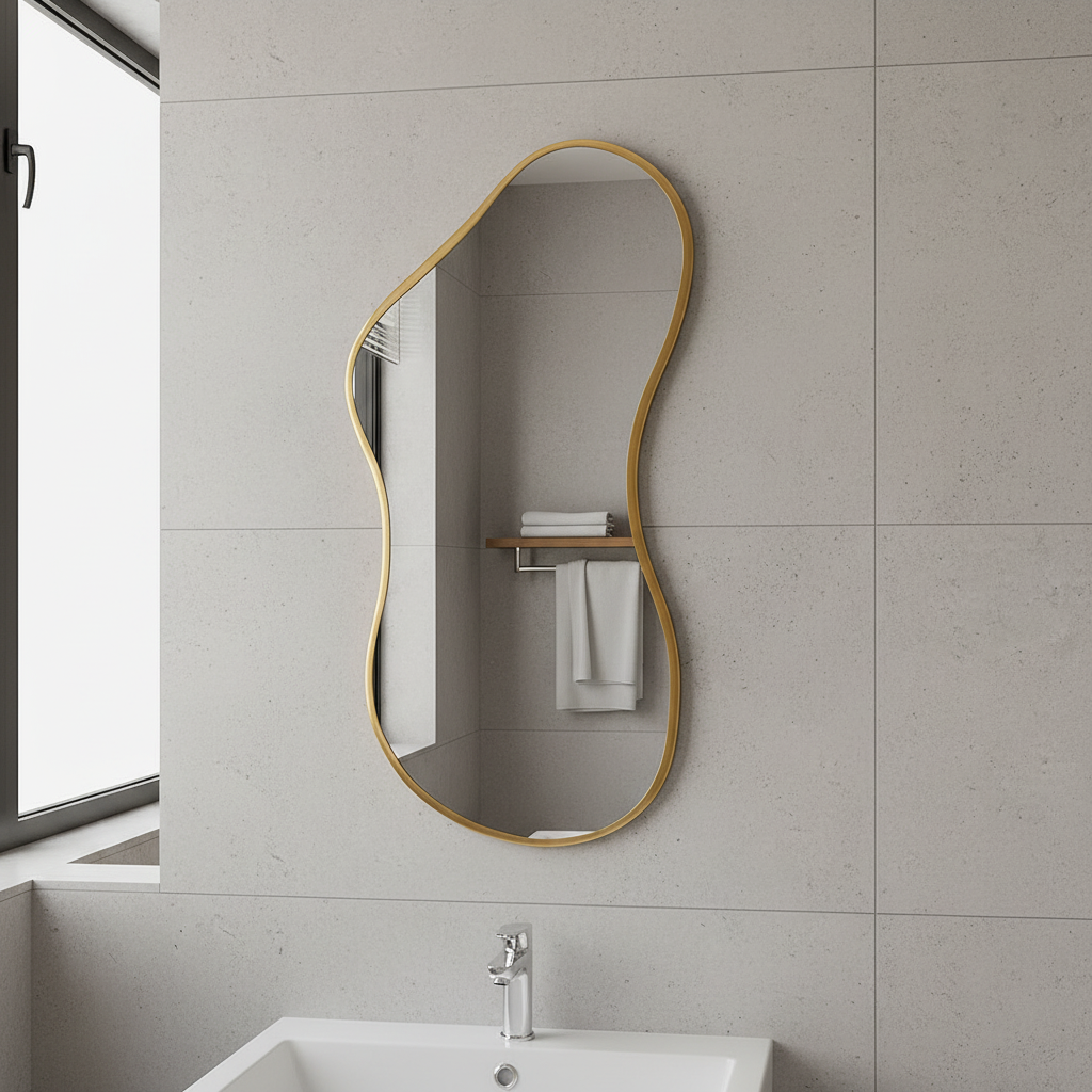 Modern Organik Şekilli Dekoratif Banyo Aynası – Çerçeveli Düzensiz Tasarım Ayna | Minimalist & Japandi Duvar Aynası