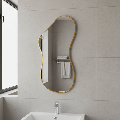 Modern Organik Şekilli Dekoratif Banyo Aynası – Çerçeveli Düzensiz Tasarım Ayna | Minimalist & Japandi Duvar Aynası