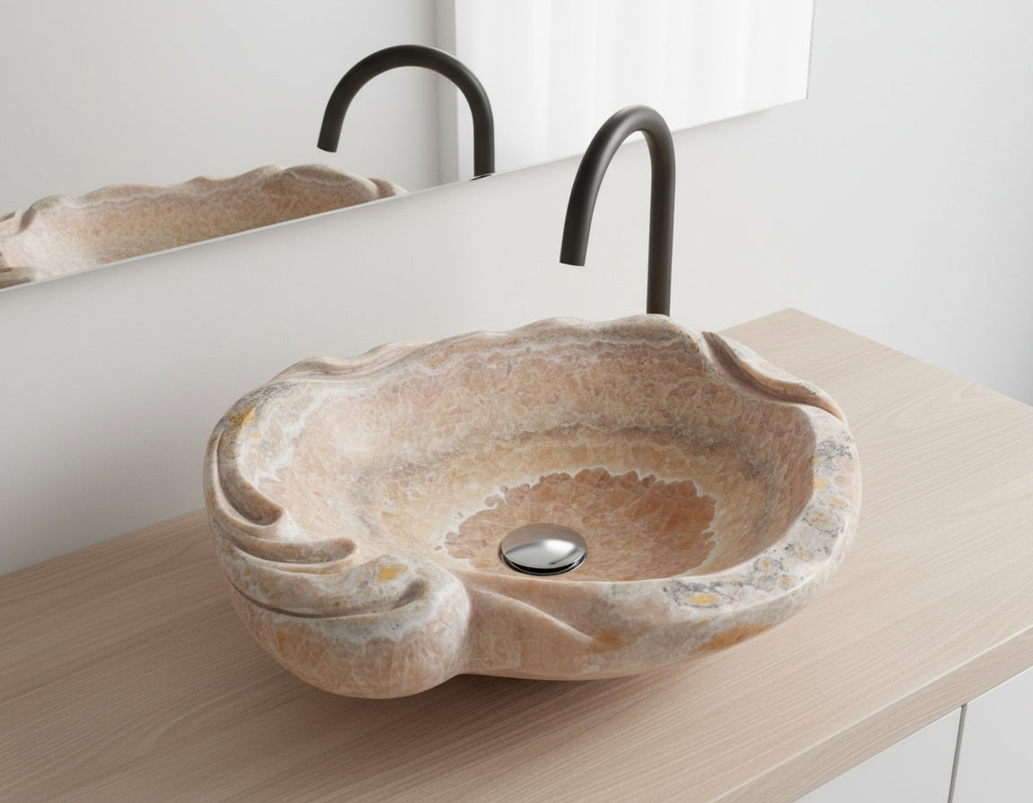 Rose Onyx Marble Lavabo – Doğal Rose Onyx Mermer Tezgâh Üstü Banyo Lavabosu (L 55 × W 50 × H 15 cm)