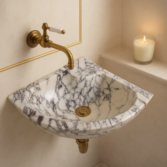 Calacatta Viola Mermer Köşe Lavabo – Duvar Tipi, El Yapımı Lüks Banyo Lavabosu (30 × 30 × 15 cm)