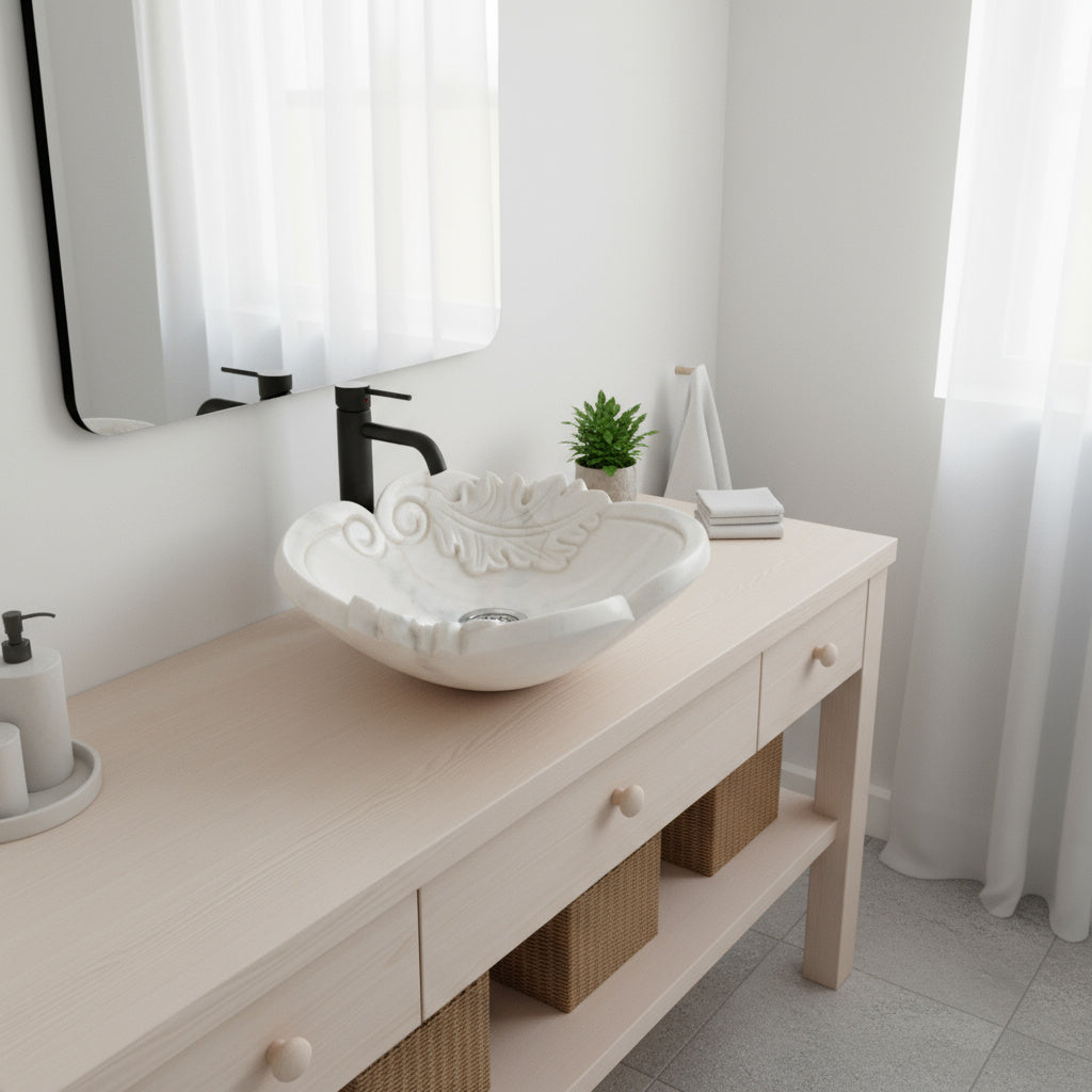 Beyaz Mermer Yaprak Desenli El Oyması Banyo Lavabo – Natural White Marble Sink
