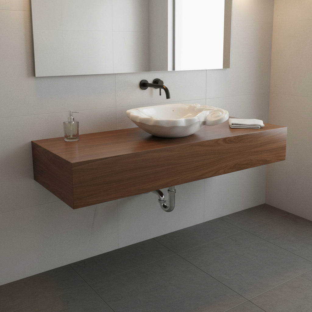 White Marble Lavabo – Doğal Beyaz Mermer Tezgâh Üstü Banyo Lavabosu (L 60 × W 40 × H 15 cm)