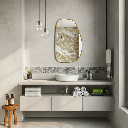 Modern Organik Form Banyo Aynası – Çerçeveli Asimetrik Duvar Aynası | Minimalist Şık Dekor Ayna