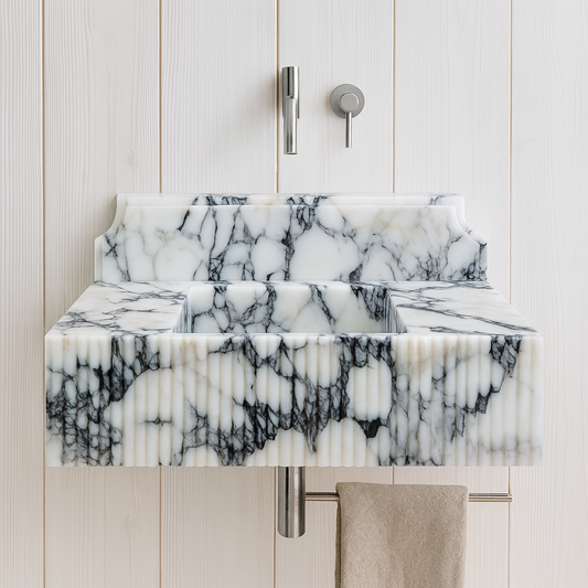 Calacatta Viola Mermer Çift Lavabolu Özel Tasarım Banyo Lavabosu – Fluted (Yivli) Blok Mermer Tezgâh Üstü Modeli – L90 × W50 × H30,5 cm