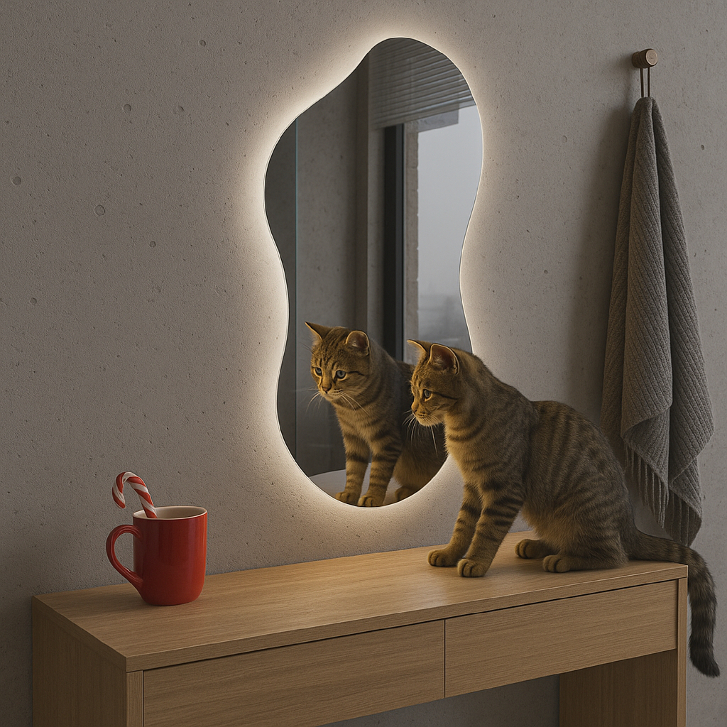 Asimetrik LED Ayna | Modern Dekoratif Duvar ve Banyo Aynası | Organik Form Işıklı Ayna Tasarımı