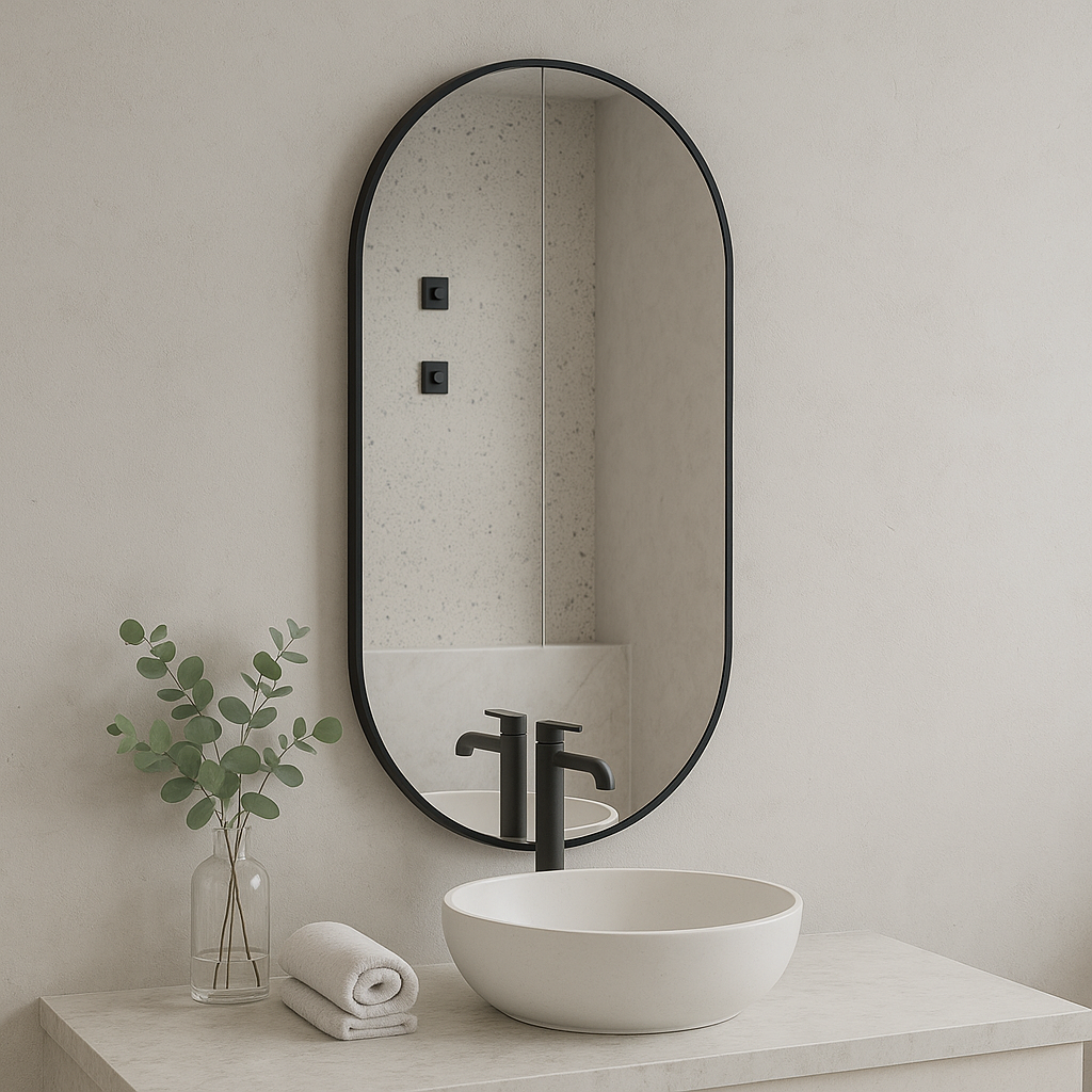 Modern Çerçeveli Oval Duvar Aynası – Dekoratif Banyo ve Salon Aynası Tasarımı