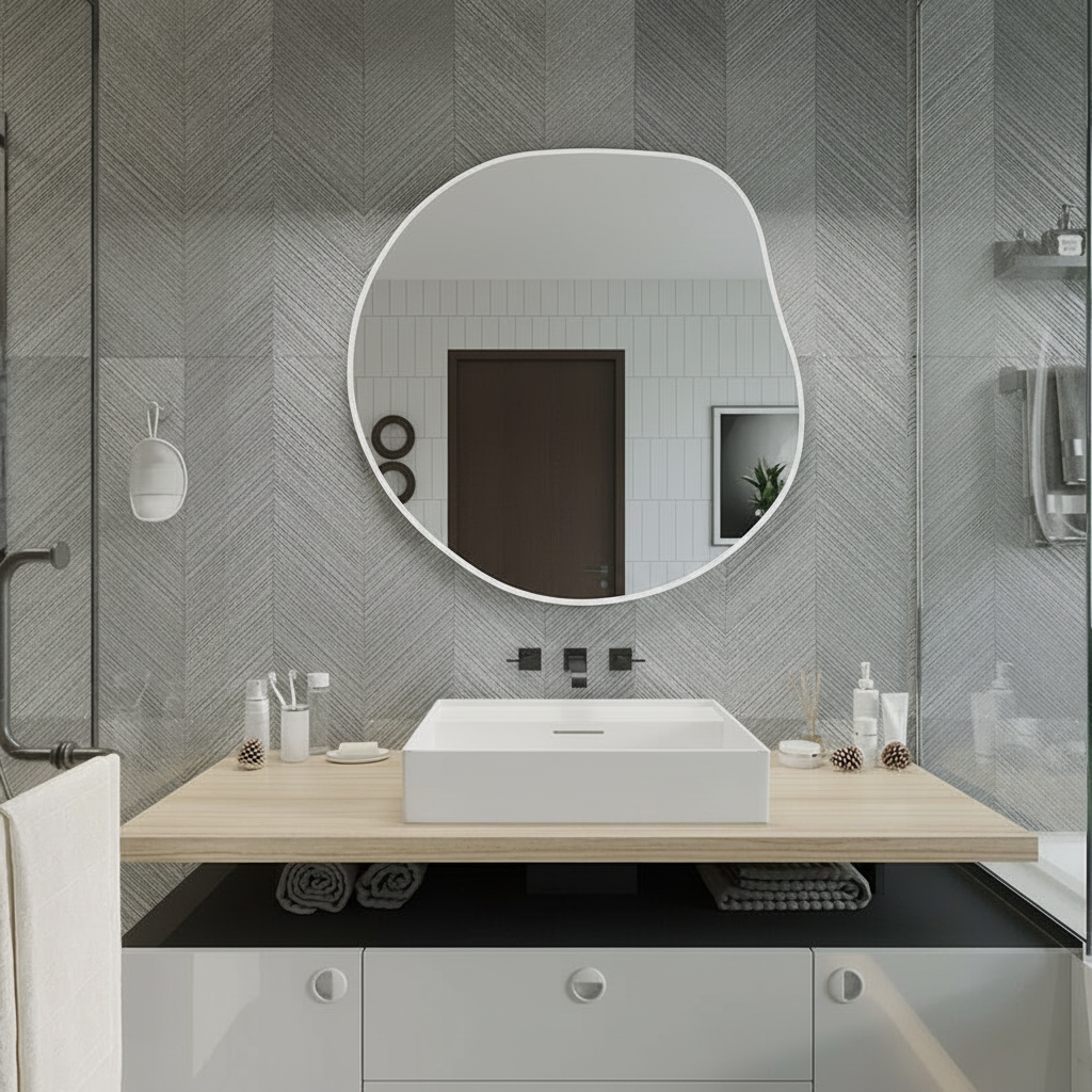 Modern Asimetrik Duvar Aynası – Organik Form Yuvarlak Banyo Aynası Çerçeveli | Dekoratif Minimal Ayna