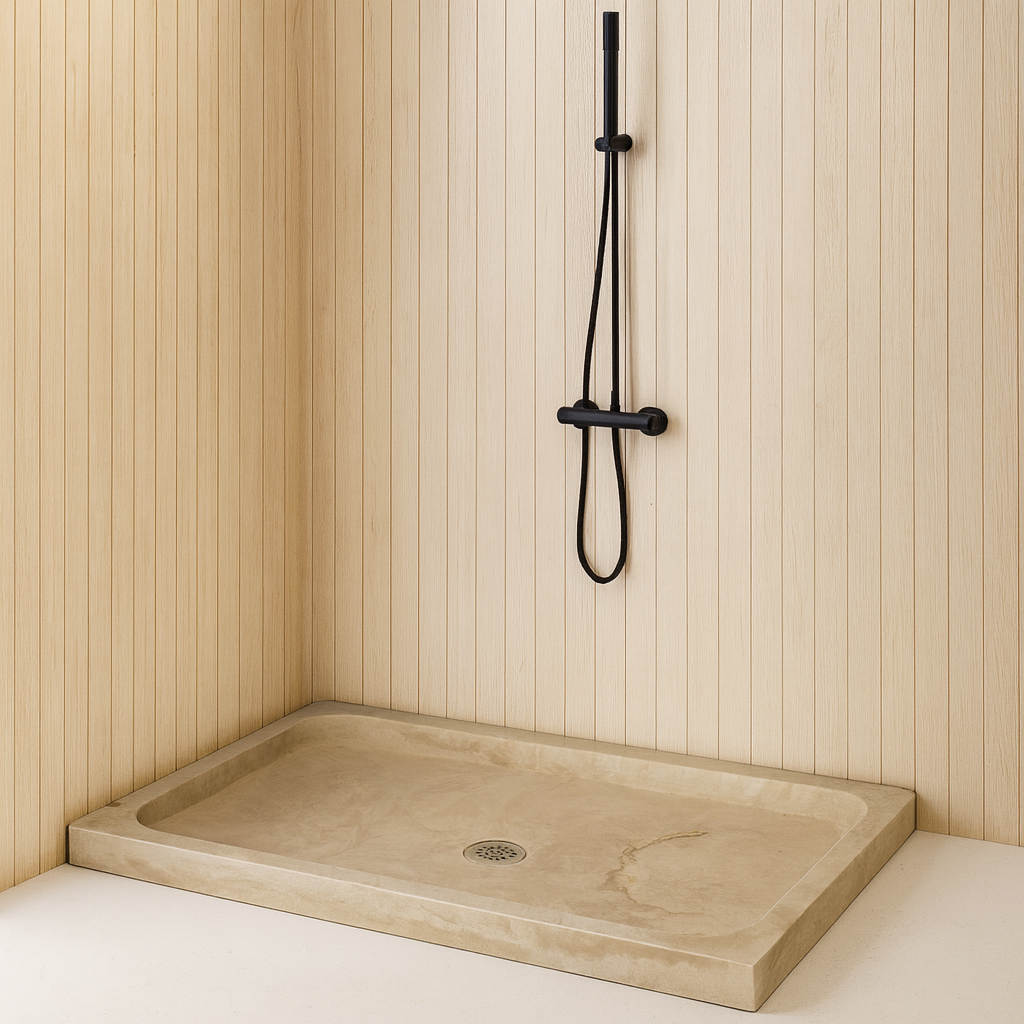 Troia Light Traverten Dikdörtgen – Doğal Taş Traverten Banyo Duş Tabanı (161×88×8 cm)