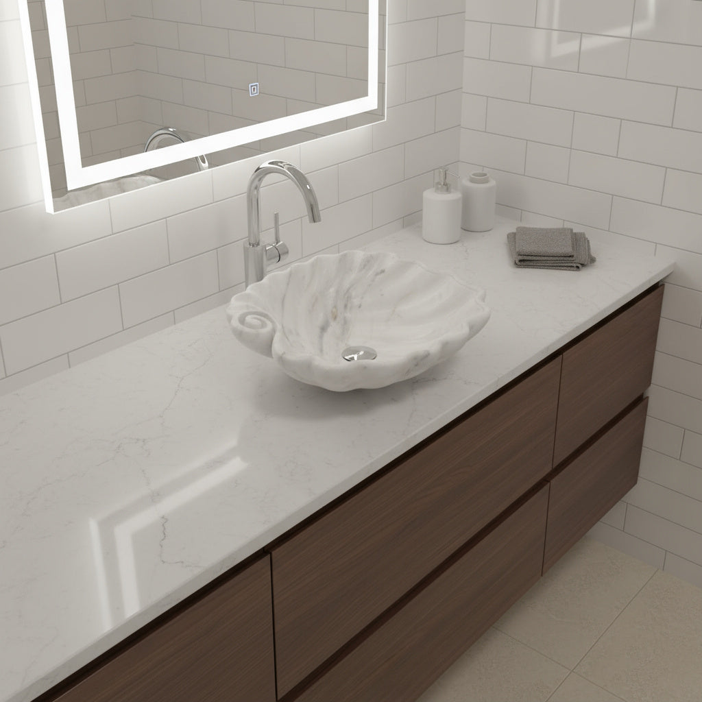 Beyaz Mermer Lavabo – Doğal Beyaz Mermer Tezgâh Üstü Banyo Lavabosu (L 45 × W 45 × H 15 cm)