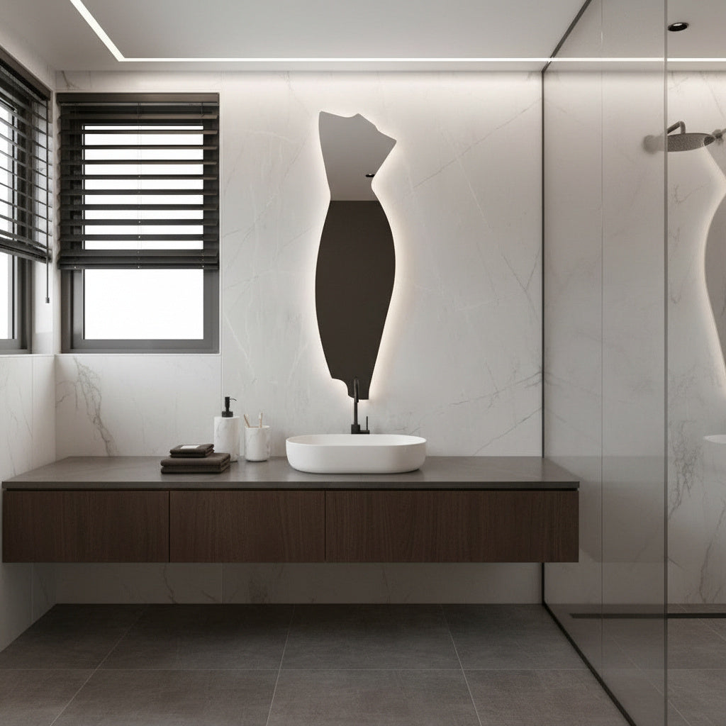 Asimetrik LED Ayna | Modern Dekoratif Banyo Aynası | Tasarım Organik Form LED Işıklı Ayna