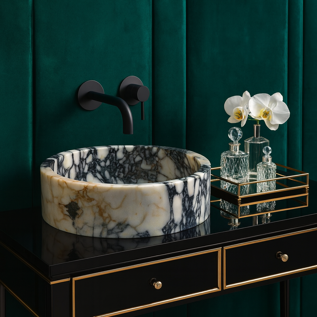 Calacatta Viola Mermer Lavabo – El İşçiliği Yuvarlak Banyo Lavabosu | 40,5×40,5×14 cm