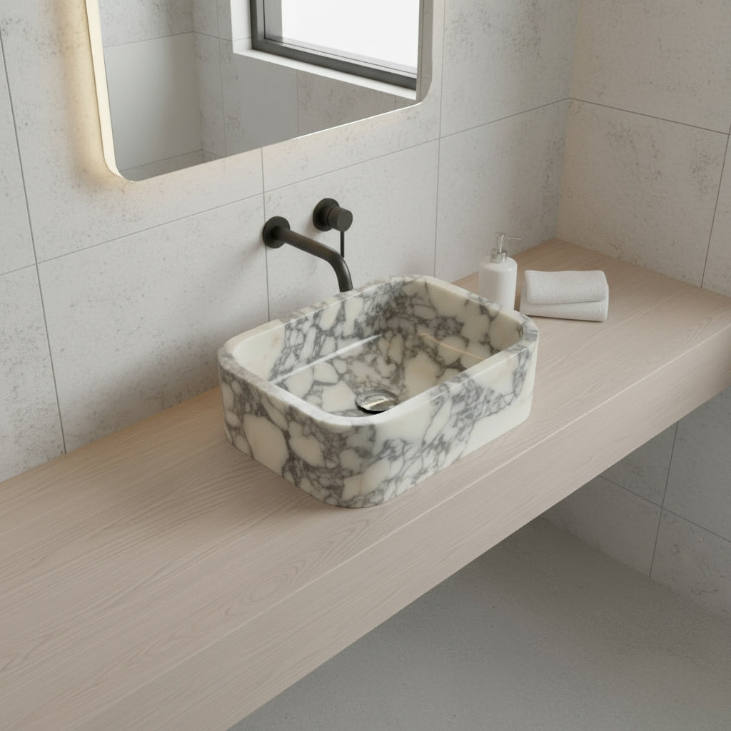 Calacatta Viola Mermer Duvara Monte Dikdörtgen Banyo Lavabosu – 30 × 46 × 15 cm