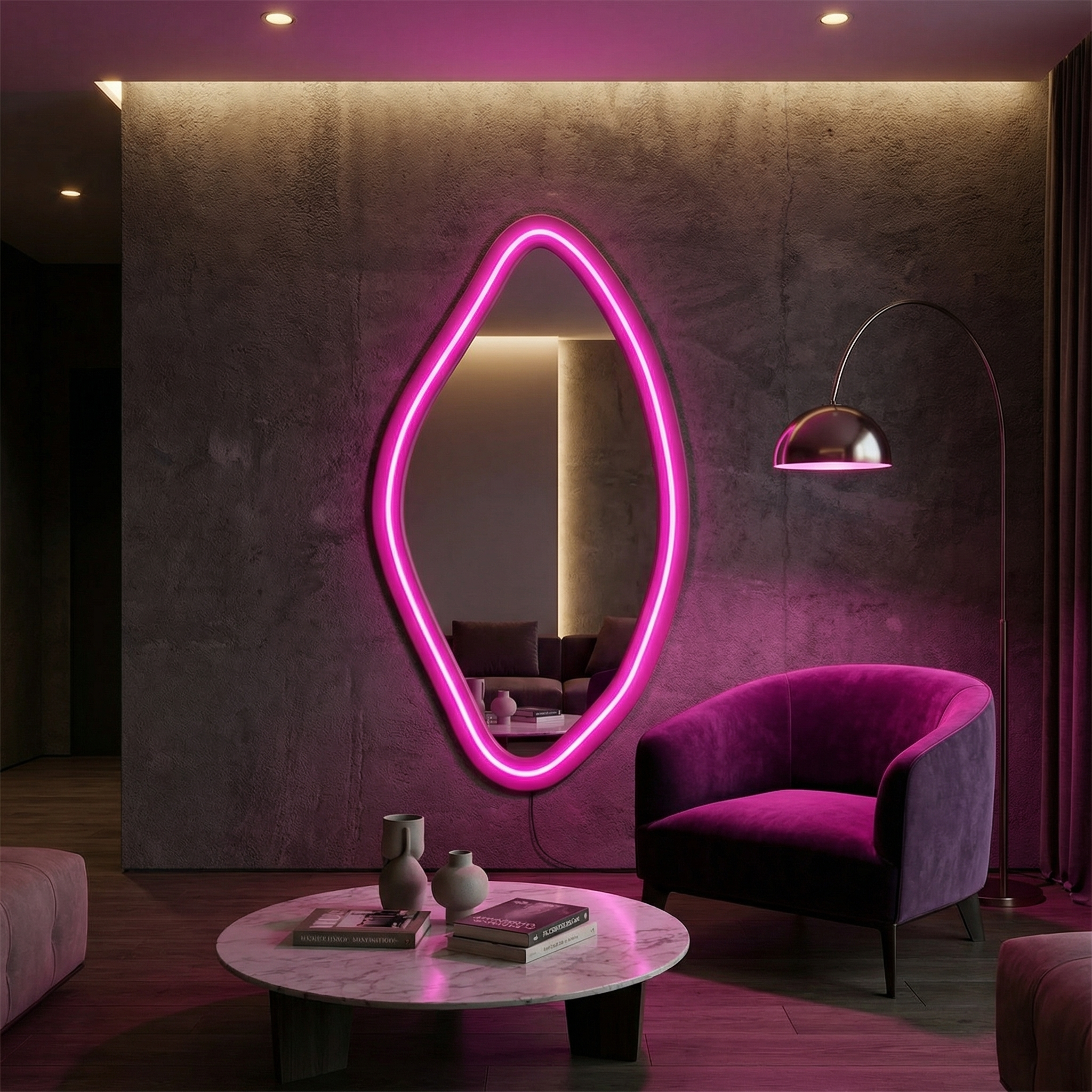 Modern LED Işıklı Dekoratif Duvar Aynası – Organik Tasarım Neon Çerçeveli Ayna