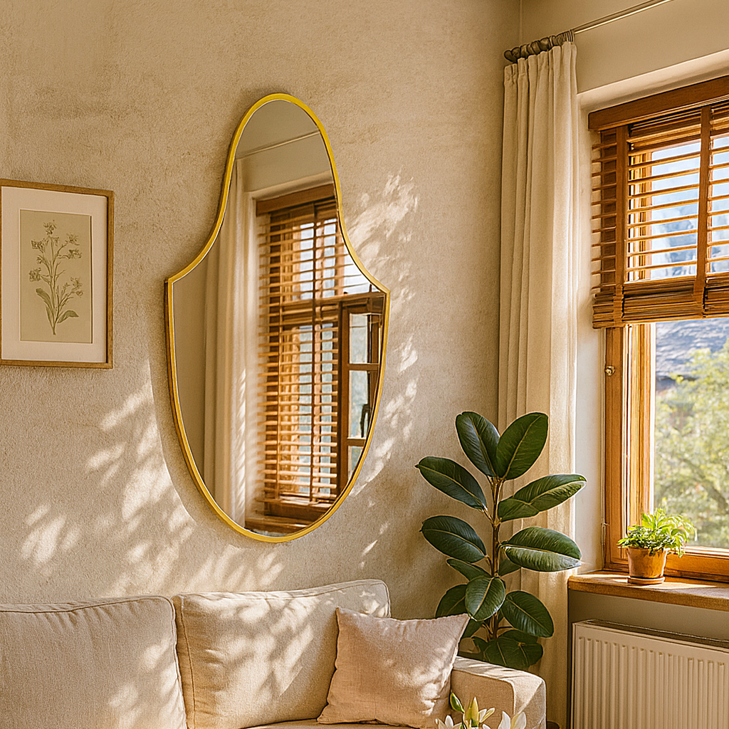 Altın Çerçeveli Dekoratif Duvar Aynası – Modern Oval Salon Aynası Tasarımı