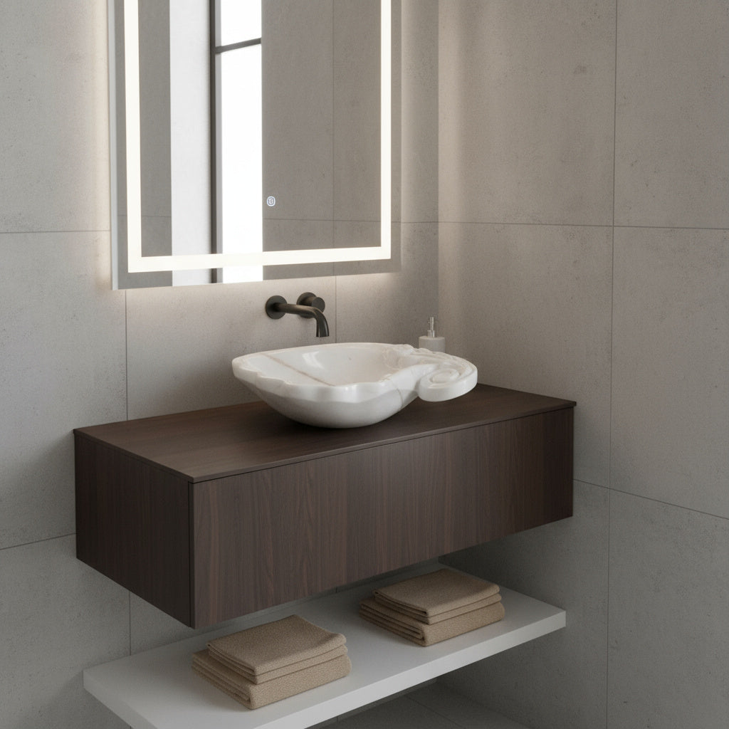 White Marble Lavabo – Doğal Beyaz Mermer Tezgâh Üstü Banyo Lavabosu (L 60 × W 40 × H 15 cm)