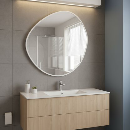 Modern Organik Form Banyo Aynası – Çerçeveli Asimetrik Ayna, Tasarım Duvar Aynası, Mermer Banyo İçin Şık Dekoratif Ayna