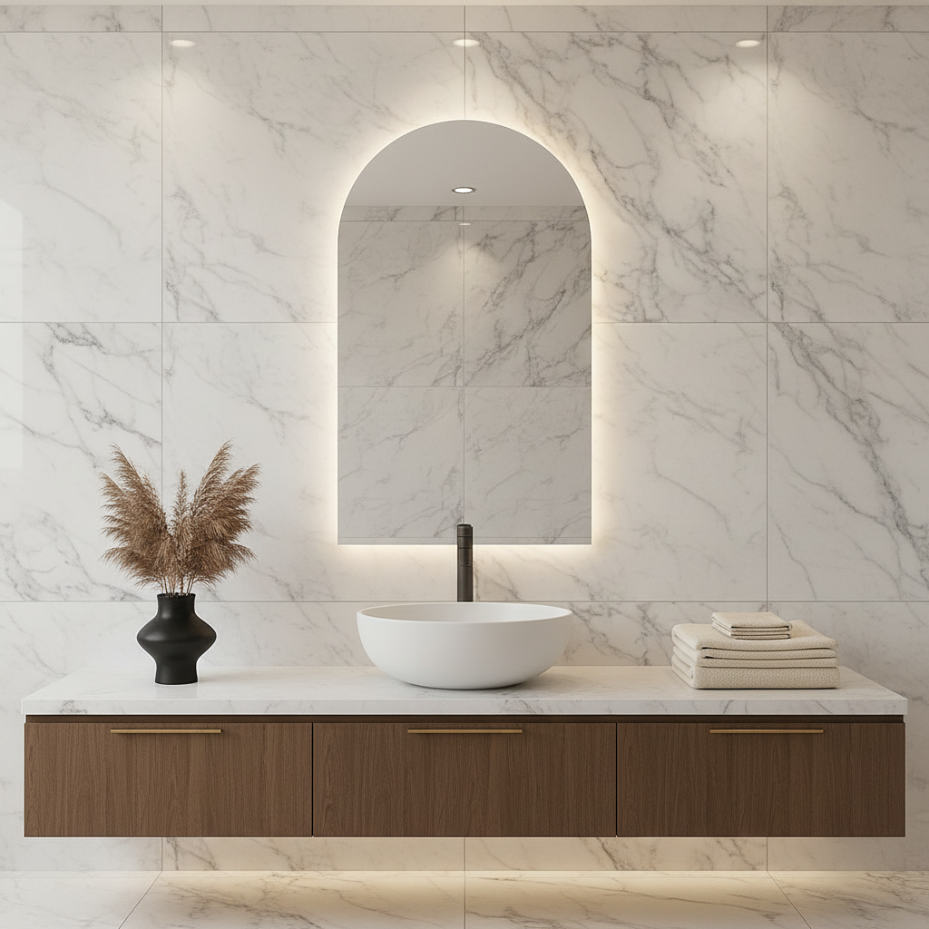 Modern LED Işıklı Kemer Banyo Aynası – Arkadan Aydınlatmalı Arch Ayna, Minimalist ve Şık Banyo Dekoru