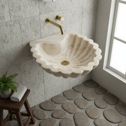 Carrara Mermer Kabuk Formu Banyo Lavabo – El Oyma Doğal Mermer Şelale Lavabo