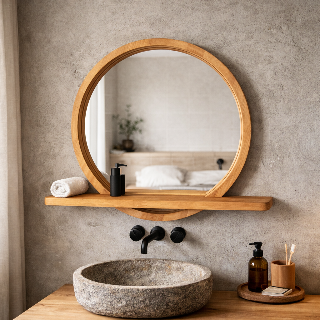 Raflı Masif Kayın Ağacı Yuvarlak Ayna – İskandinav Tarzı Antre ve Banyo Aynası
