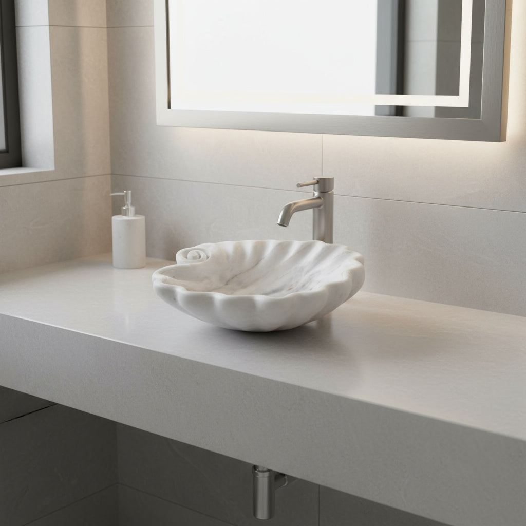 Beyaz Mermer Lavabo – Doğal Beyaz Mermer Tezgâh Üstü Banyo Lavabosu (L 45 × W 45 × H 15 cm)