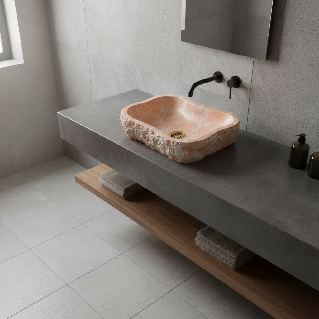 Rosa Marble Lavabo – Doğal Rosa Mermer Tezgâh Üstü Banyo Lavabosu (L 55 × W 40 × H 14 cm)