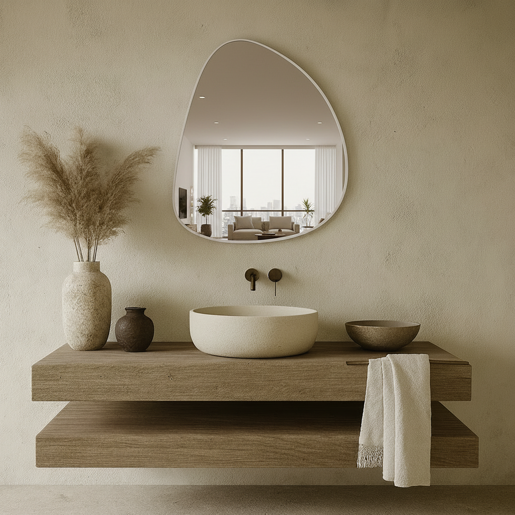 Modern Asimetrik Banyo Aynası – Çerçeveli Organik Form Dekoratif Duvar Aynası