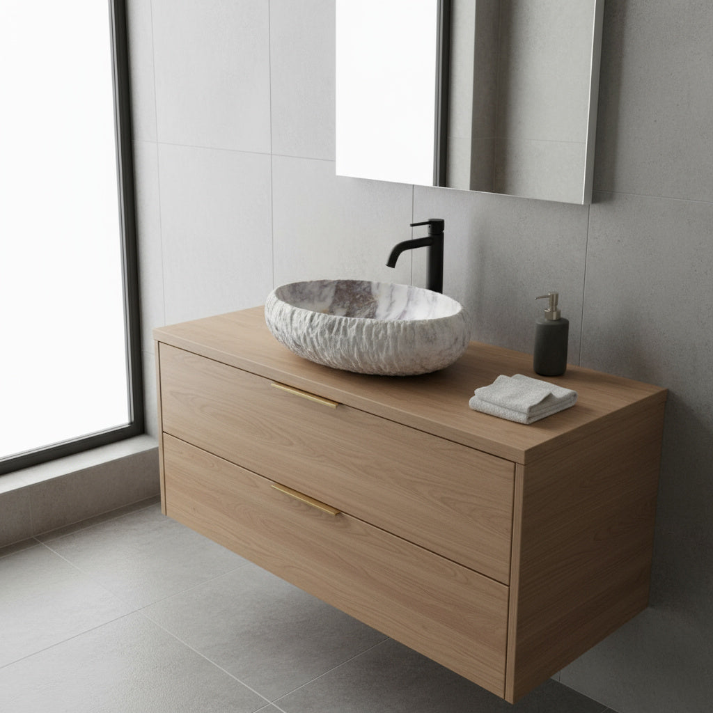 Doğal Mermer Lavabo – Krem & Pembe Damar Desenli Tezgâh Üstü Doğaltaş Banyo Lavabosu (L 55 × W 40 × H 14 cm)