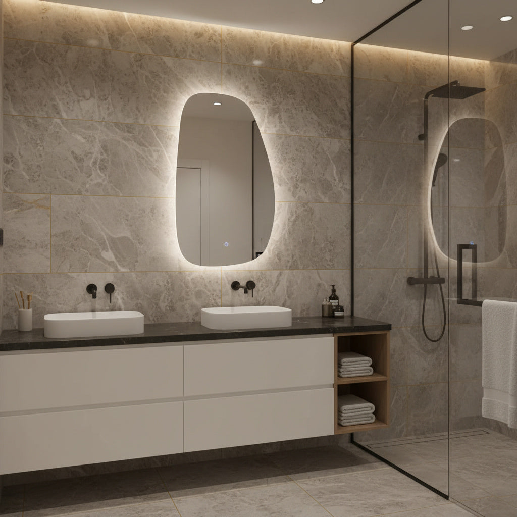 Modern Asimetrik LED Ayna – Organik Şekilli Duvar Aynası, Dekoratif Işıklı Banyo Aynası