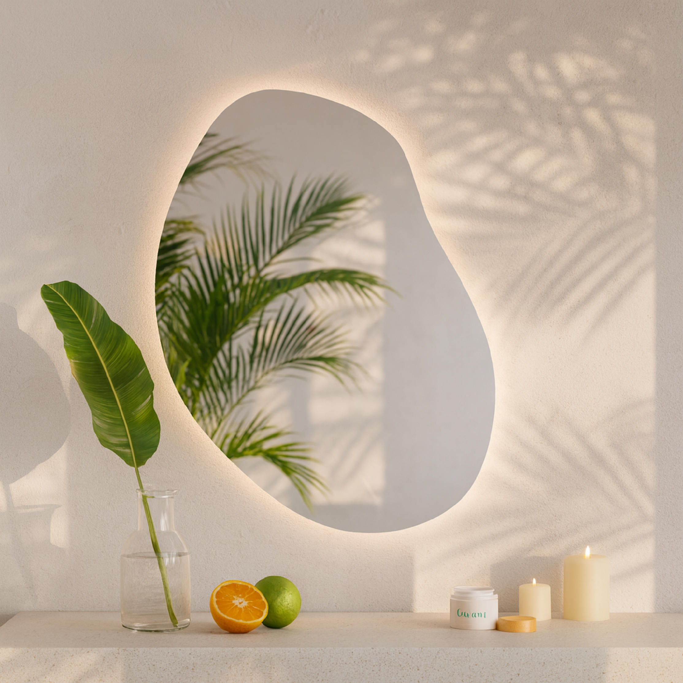 LED Işıklı Organik Banyo Aynası – Modern Asimetrik Tasarım, Arkadan Aydınlatmalı Dekoratif Ayna