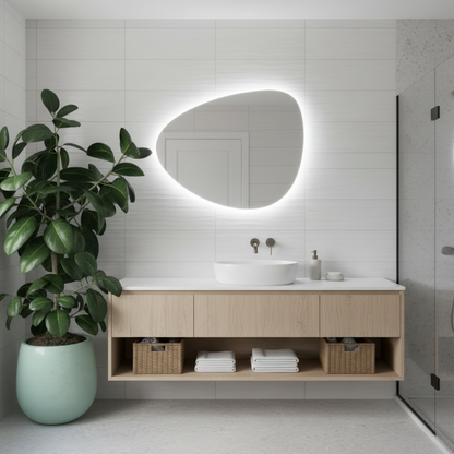 Modern Asimetrik LED Aydınlatmalı Banyo Aynası – Düzensiz Organik Formlu Dekoratif Duvar Aynası