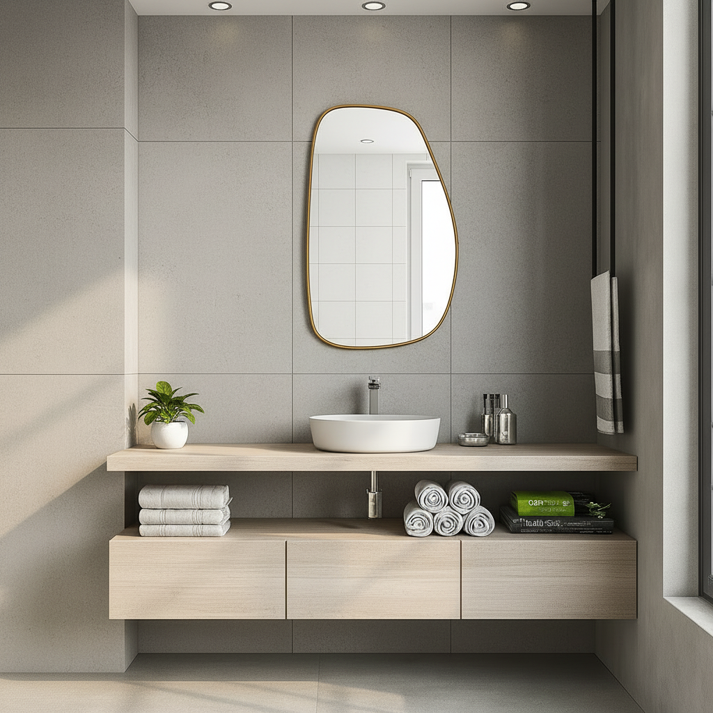 Modern Organik Form Banyo Aynası – Çerçeveli Asimetrik Duvar Aynası | Minimalist Şık Dekor Ayna