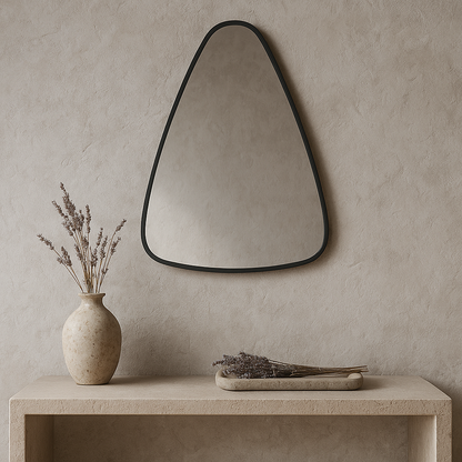 Modern Asimetrik Duvar Aynası – Siyah Çerçeveli Dekoratif Banyo ve Salon Aynası