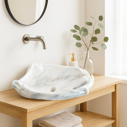 Organik Formlu Mermer Lavabo – Modern Doğal Taş Tezgâh Üstü Banyo Lavabosu (L 60 × W 45 × H 15 cm)
