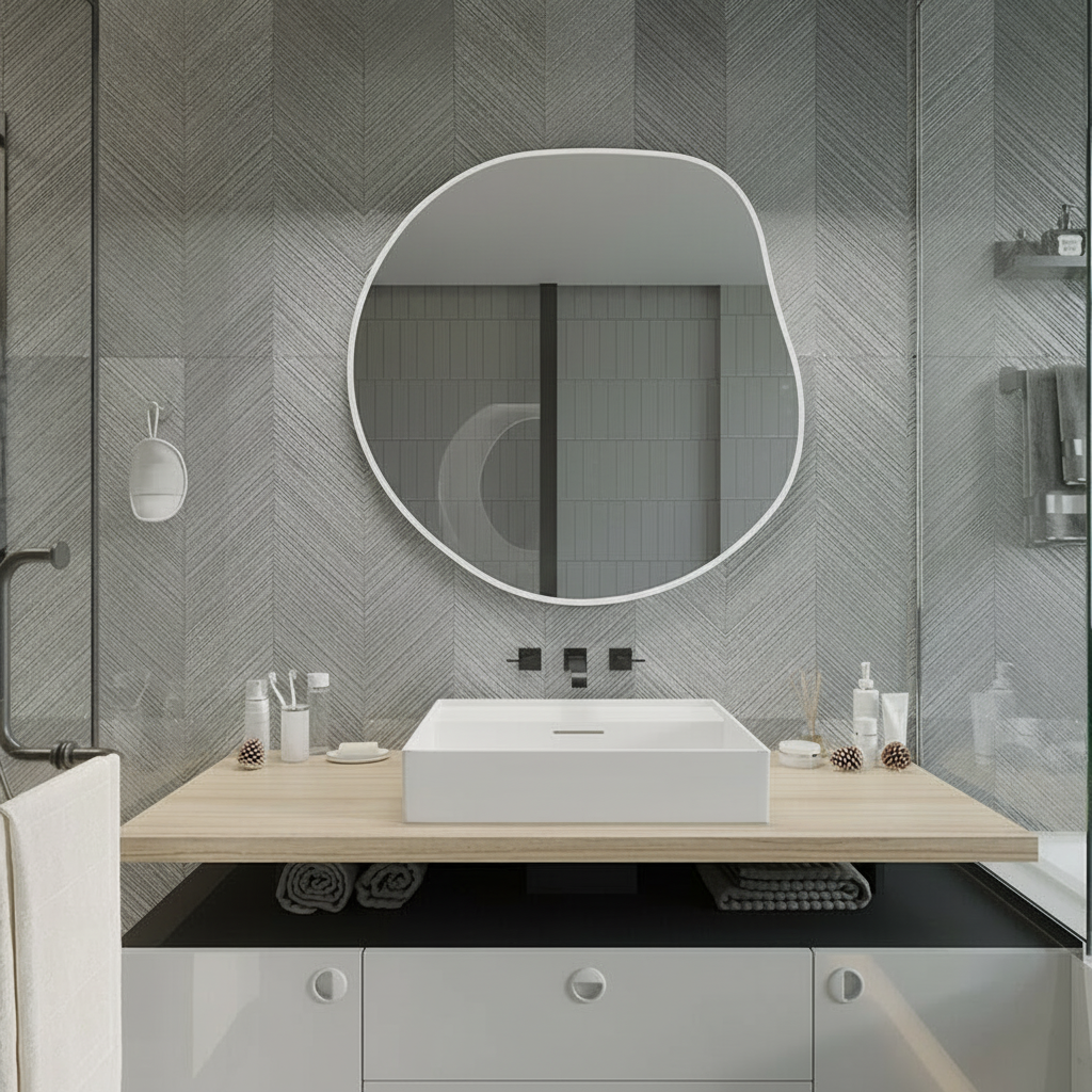 Modern Asimetrik Duvar Aynası – Organik Form Yuvarlak Banyo Aynası Çerçeveli | Dekoratif Minimal Ayna