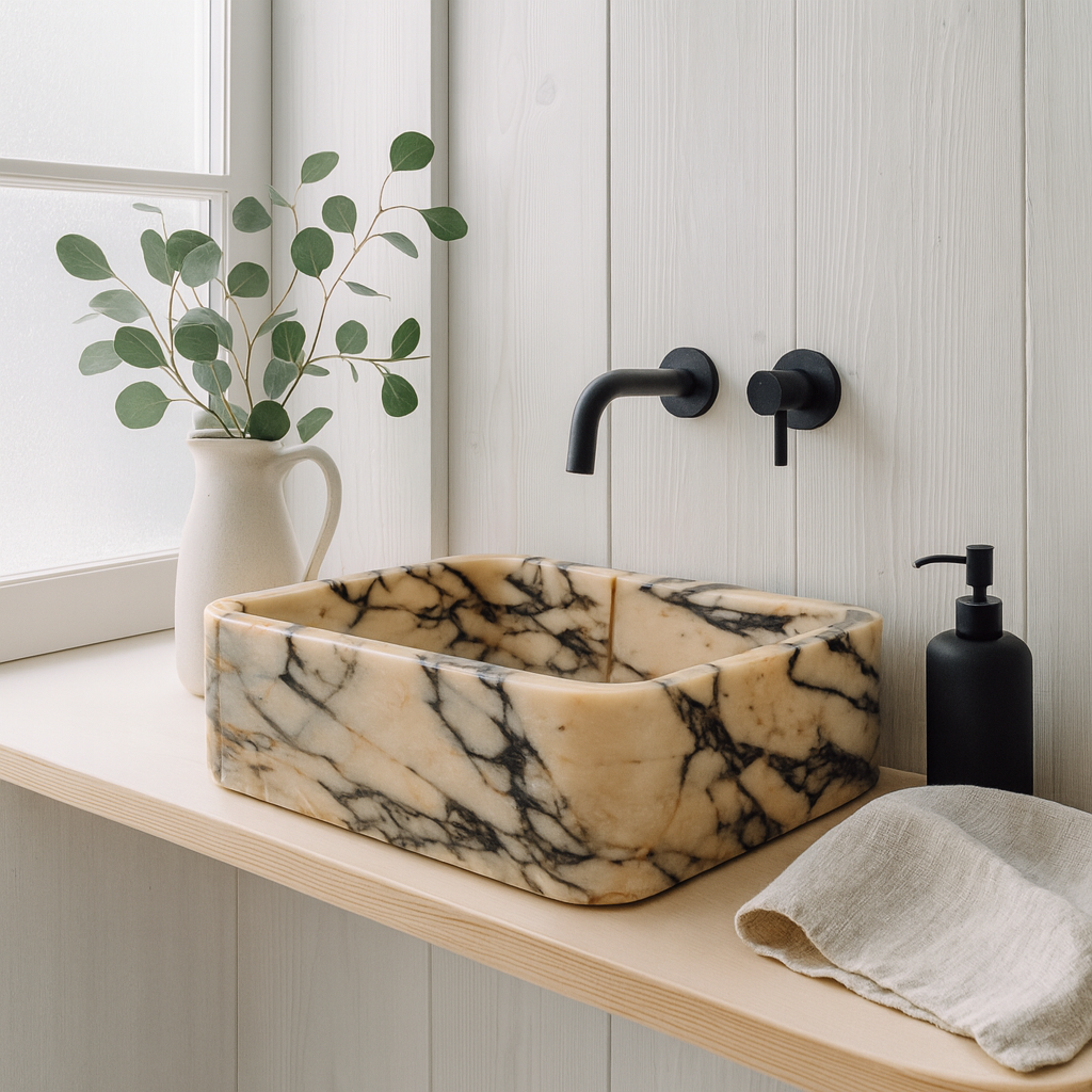 Calacatta Viola Mermer Lavabo – El Yapımı Dikdörtgen Banyo Lavabosu | L45 × W30 × H15 cm