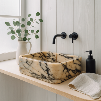 Calacatta Viola Mermer Lavabo – El Yapımı Dikdörtgen Banyo Lavabosu | L45 × W30 × H15 cm