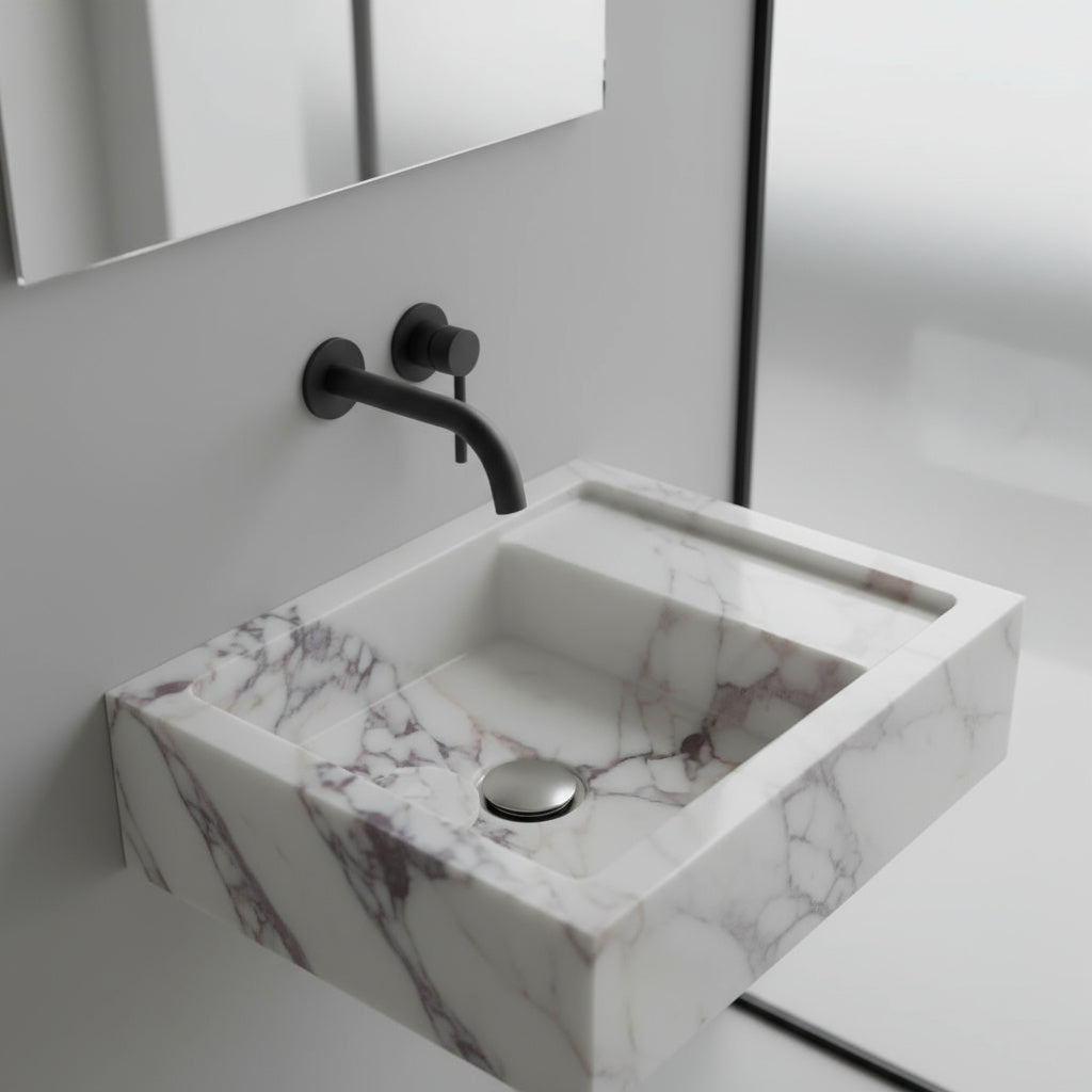Calacatta Viola Mermer Duvara Monte Lavabo – Özel Üretim Lüks Banyo Lavabosu (36×46×13 cm)