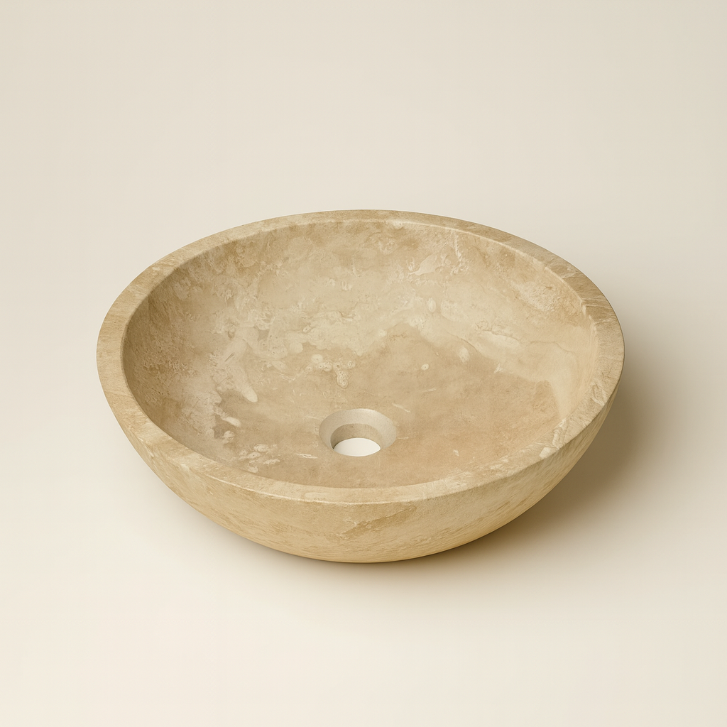 Light Travertine Mermer Lavabo – Doğal Traverten Taş Banyo Lavabosu | 40,5 × 40,5 × 10 cm
