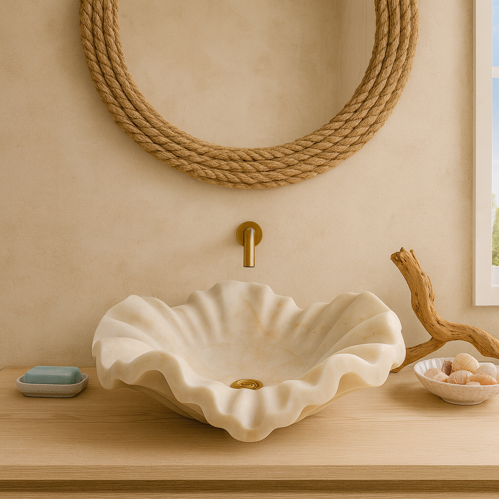 White Onyx Marble Lavabo – Doğal White Onyx Mermer Tezgâh Üstü Banyo Lavabosu (L 60 × W 40 × H 15 cm)