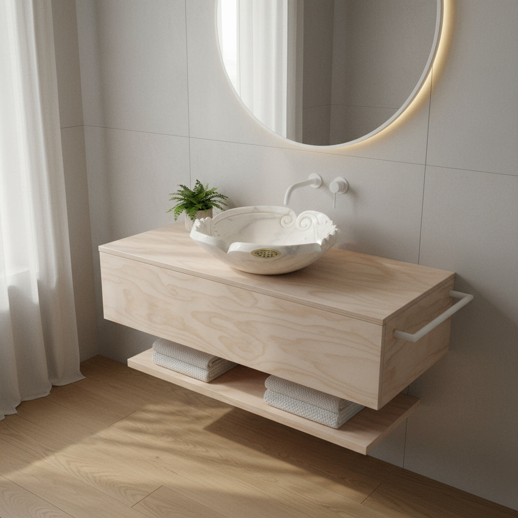 Beyaz Mermer Yaprak Desenli El Oyması Banyo Lavabo – Natural White Marble Sink