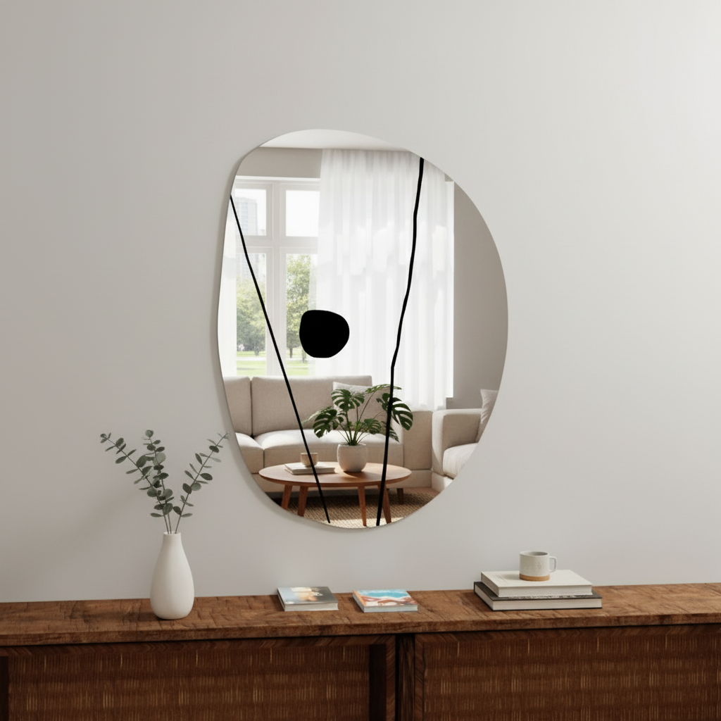 Modern Organik Form Dekoratif Duvar Aynası – Tasarım Asimetrik Banyo Aynası, Şık Minimalist Ayna Modeli