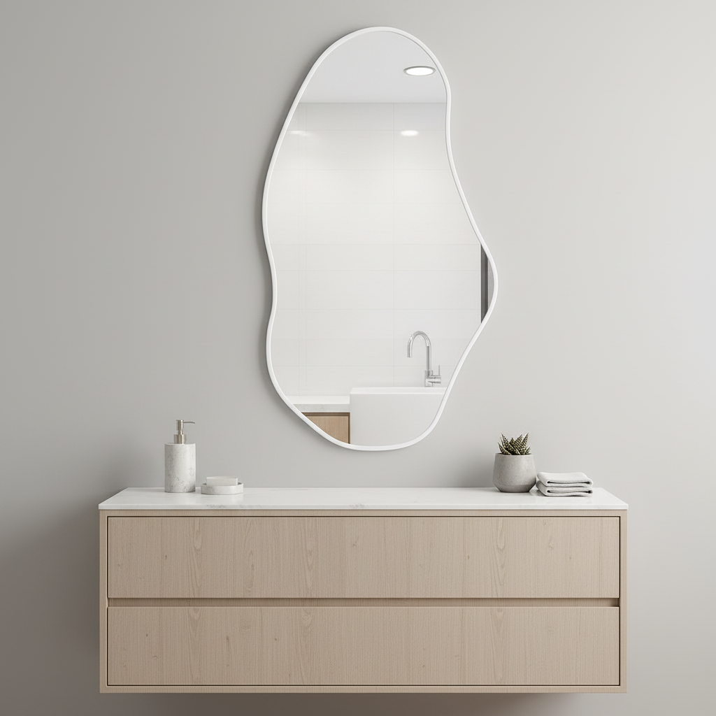 Modern Asimetrik Duvar Aynası – Organik Form Çerçeveli Dekoratif Banyo ve Salon Aynası