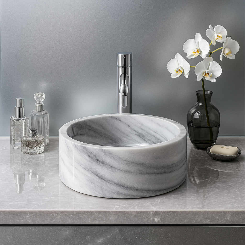 Grey Marmara Mermeri Yuvarlak Lavabo – El İşçiliği Doğal Taş Banyo Lavabosu (42×42×15 cm)