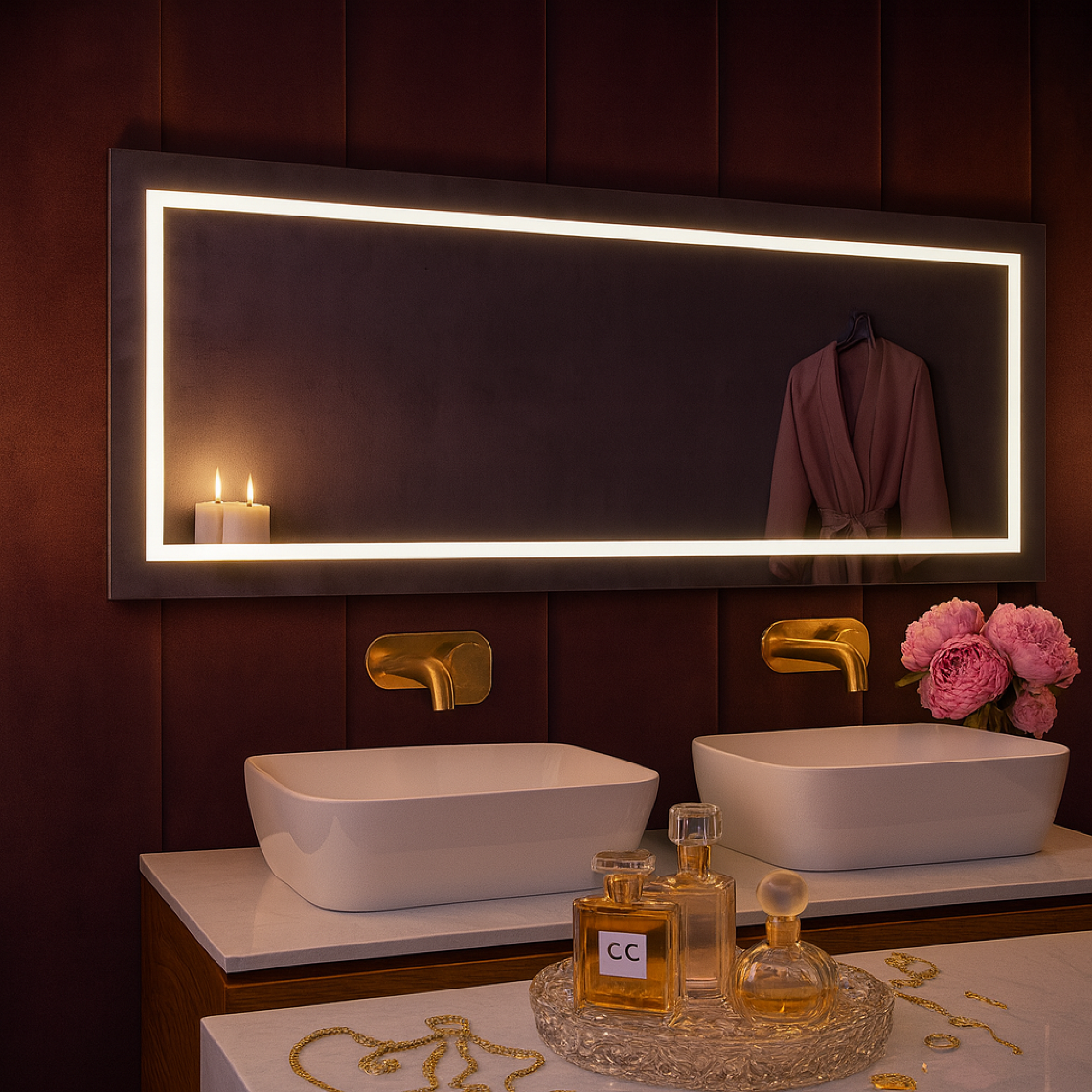 Büyük LED Işıklı Dikdörtgen Banyo Aynası – Modern Çerçevesiz Tasarım, Touch ve Duvar Anahtarlı