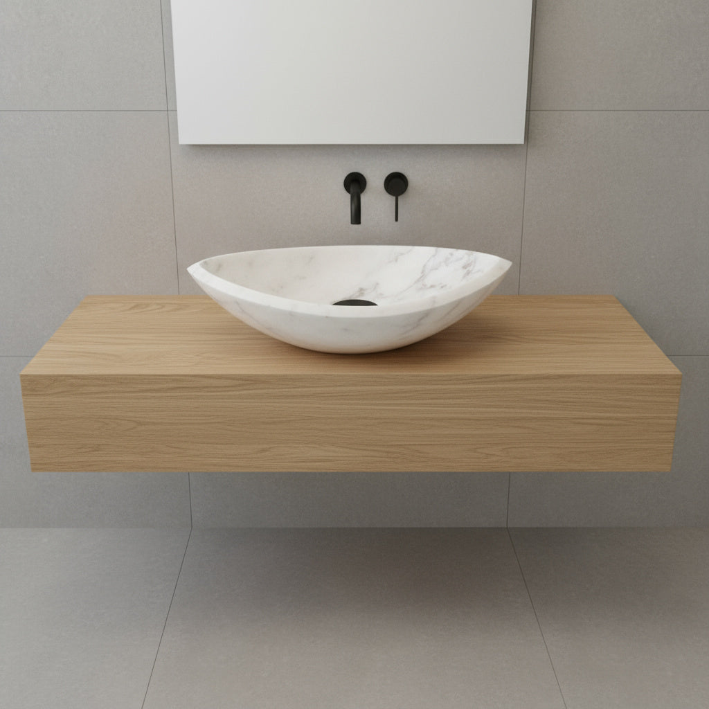 Carrara White Marble Lavabo – Doğal Carrara Beyaz Mermer Tezgâh Üstü Banyo Lavabosu (L 55 × W 45 × H 13 cm)