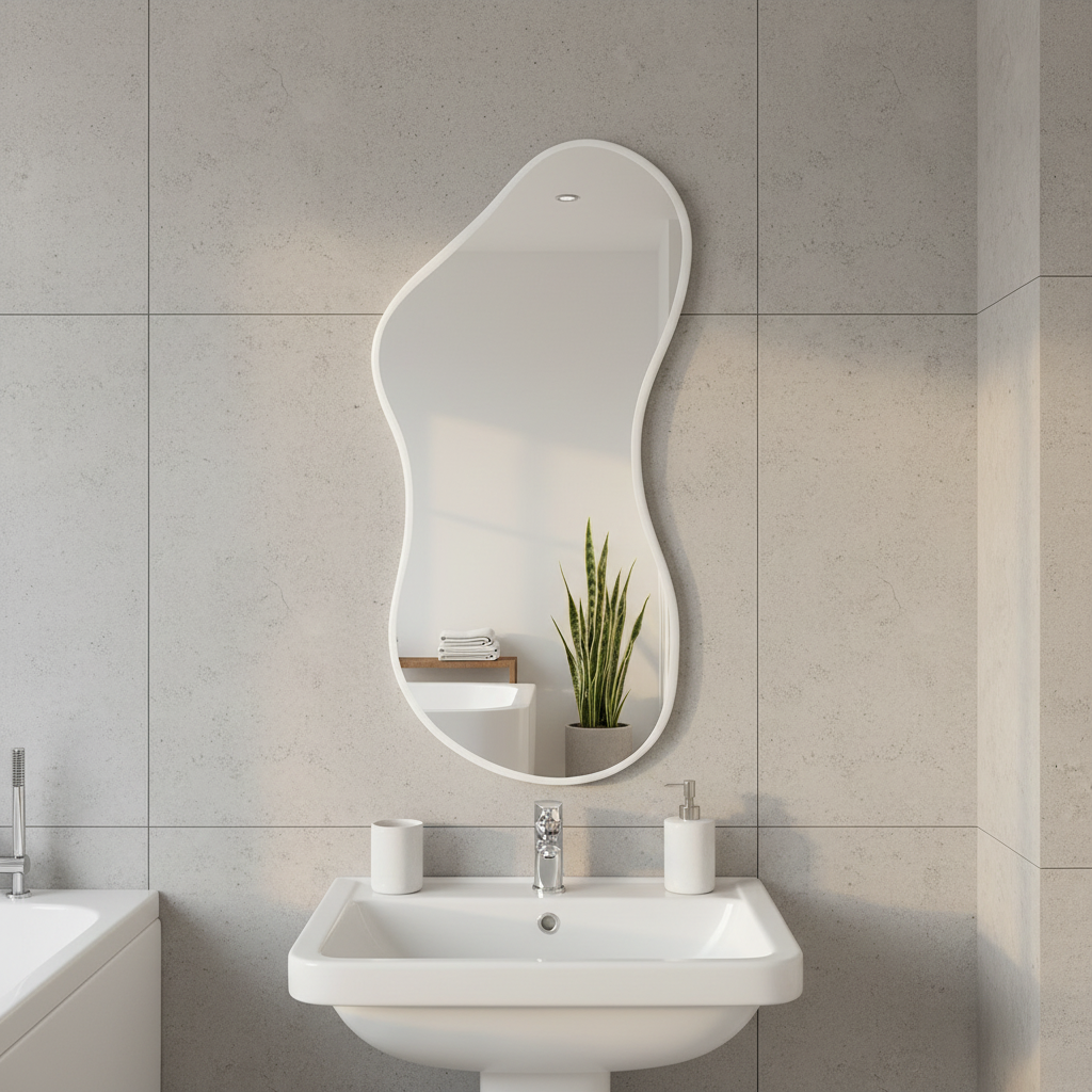 Modern Organik Şekilli Dekoratif Banyo Aynası – Çerçeveli Düzensiz Tasarım Ayna | Minimalist & Japandi Duvar Aynası